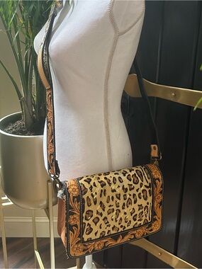 Merbaa GENUINE COWHIDE tooled leather HOH hair on Jaguar crossbody bag clutch